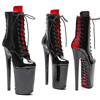 Leecabe 23 см/9 дюймов, лакированная обувь из искусственной кожи, черная с красным кружевом сзади, обувь для танцев на шесте, ботинки для танцев на шесте на высоком каблуке