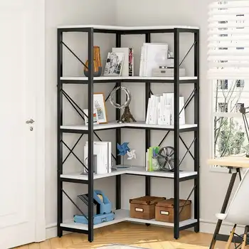 5-Уровневый L-образный книжный шкаф-органайзер для хранения, Высокая угловая книжная полка с открытой витриной, отдельно стоящее хранилище, белый