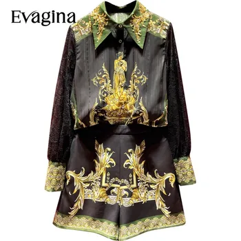 Evagina/ Костюм с винтажным принтом, Весенне-Осенняя женская рубашка с воротником 