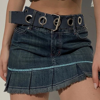 y2k Винтаж пояса плиссированные юбки женские джинсовые уличная шикарные мини-юбки Харадзюку корейские шикарные юбки панк Мода 90-х
