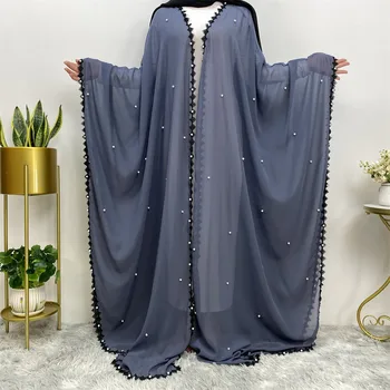 Мусульманское платье-кимоно с открытой Абайей в Рамадан, Абайи для женщин, Дубайский Кафтан, Халат, Исламское Кимоно, Кардиган, расшитая бисером Кружевная одежда Jalabiya Eid