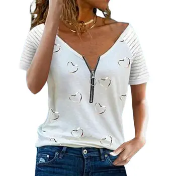Женская футболка с V-образным вырезом на молнии в полоску, Свободные повседневные футболки, Весна-лето, Большие размеры, Сексуальные топы, футболка