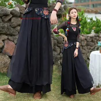 2023 традиционные китайские сетчатые брюки с цветочной вышивкой и кисточками, женские этнические брюки harajuku, китайские винтажные свободные широкие брюки