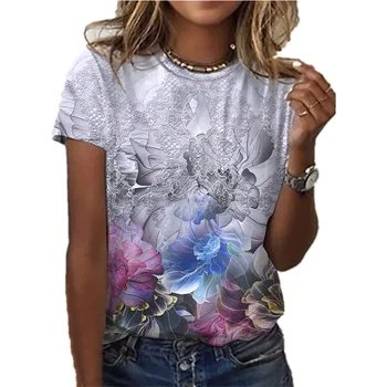 2022 Новая футболка с цветочным принтом, Повседневная модная летняя футболка с коротким рукавом, топ с 3D принтом розы, Женская футболка, Женская одежда