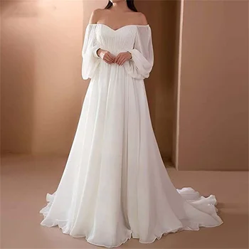Женское Элегантное свадебное вечернее платье с пышными рукавами, Сексуальное Платье с открытыми плечами, V-образный вырез, рюшами, Белое облегающее платье Макси Длиной до пола