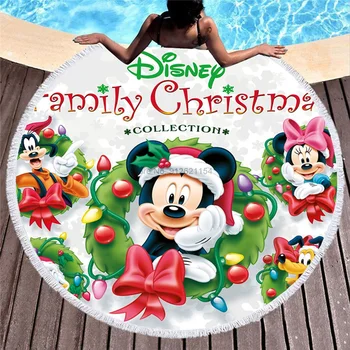 Банное Полотенце Disney Merry Christmas с Микки и Минни Маус, Круглое Пляжное Полотенце с Кисточкой для Взрослых, Детская Мочалка