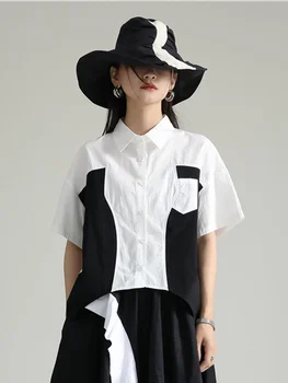 Женская Черная блузка с цветным блоком, нерегулярного размера, большого размера, Новая Свободная рубашка с коротким рукавом и лацканами, Модная Весна-лето O100