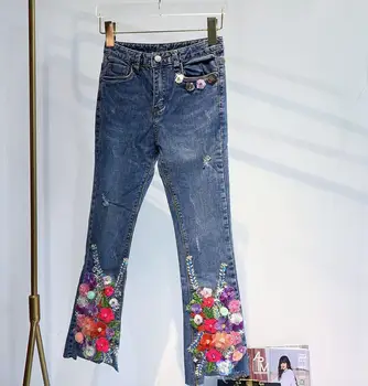 Тяжелая промышленность горный хрусталь вышитые джинсы женщин высокой талии цветочные стрейч расклешенные джинсы