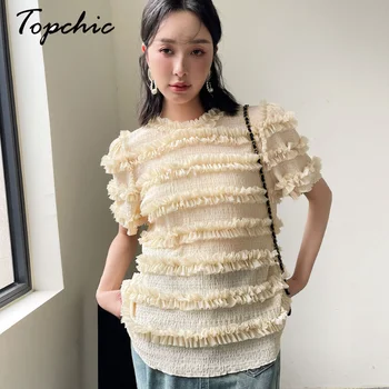 Элегантная женская футболка с оборками 2023, летний корейский модный топ с круглым вырезом и коротким рукавом, женская футболка