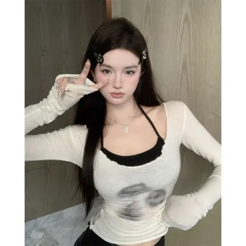 Корейская Шикарная футболка с принтом из двух предметов, Осенний Сексуальный Укороченный Топ, Приталенная футболка Y2k, Женские топы с длинным рукавом в стиле Гранж