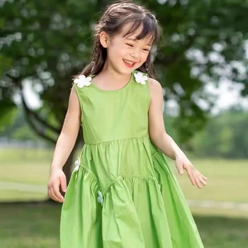 Летнее платье без рукавов для девочек 3-12 лет с цветочным рисунком, детские зеленые хлопковые повседневные платья на бретелях для девочек, милые наряды для малышей 4 5 6