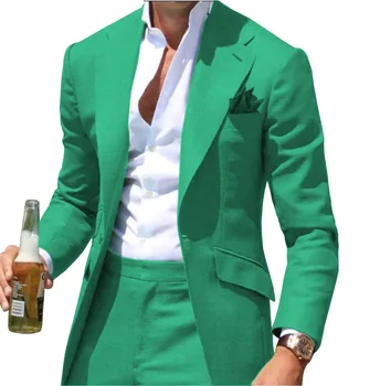 Повседневный приталенный зеленый мужской костюм с надрезанной этикеткой, блейзер, деловой костюм для свадьбы Жениха