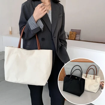 Однотонная женская холщовая сумка в минималистском стиле Ins, Студенческая повседневная сумка через плечо, Повседневная сумка-тоут, сумка для покупок большой емкости