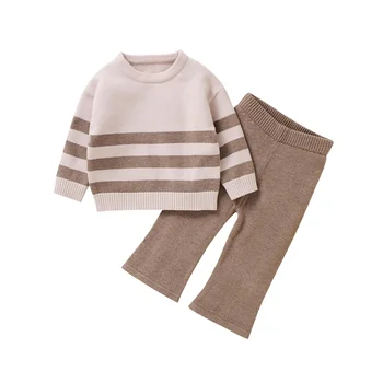 Вязаная осенняя одежда для маленьких мальчиков, топы с длинными рукавами в контрастную полоску, Комплект брюк, повседневная одежда из 2 предметов