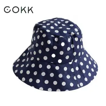 Женская Корейская мягкая рыбацкая кепка COKK, летняя шляпа для рыбалки, хлопковая, черная, белая, синяя, с узором в горошек, женская солнцезащитная шляпа с широкими полями