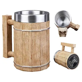 Viking Drinking Cup 600 мл, Деревянная Пивная кружка в виде бочонка, Посуда для напитков из нержавеющей стали с двойными стенками и ручкой, Герметичная Кружка для кофе