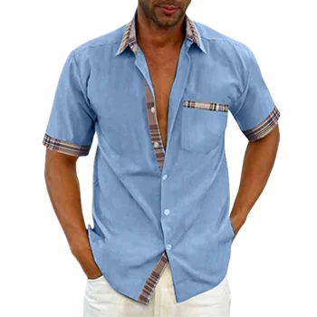 Летние Мужские Рубашки, Кардиган с коротким рукавом, Лоскутная мода, Деловые Повседневные Рубашки-поло с вырезом, Уличная одежда, мужские блузки