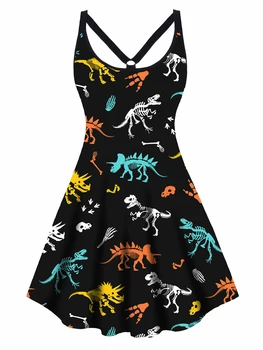 Dressfo, Женские платья больших размеров, Цветной халат с принтом Скелета Динозавра Для Женщин, летнее мини-платье Трапециевидной формы с высокой талией, вырез