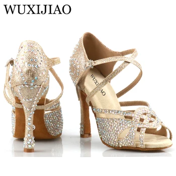 WUXIJIAO holesale /женские золотистые туфли для латиноамериканских танцев, новый стиль, танцевальные туфли, уникальный дизайн, обувь для сальсы, сандалии с бриллиантами