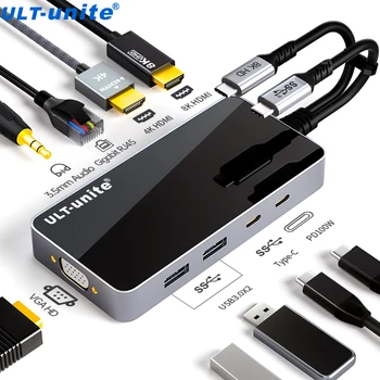 USB C Док-станция Type C Концентратор 4K HDMI Разветвитель 8KUHD USB3.0 2,0 PD100W RJ45 Gigabit Ethernet SD/TF для MacBook Huawei Xiaomi