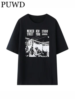 PUWD, мягкие хлопковые черные футболки с принтом Ретро-банка, 2023, Летняя мода, O-образный вырез, Короткие пышные рукава, Винтажный женский шикарный топ