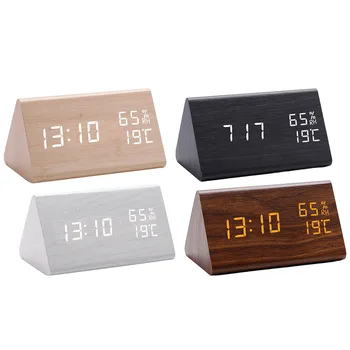 Деревянный цифровой будильник, Часы температуры и влажности, светодиодные деревянные часы, Треугольные электронные часы, Светодиодные деревянные часы