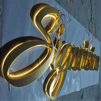 Изготовленный на заказ золотой зеркально отполированный матовый светодиодный буквенный знак из нержавеющей стали с подсветкой сзади, светодиодный знак с логотипом магазина с подсветкой сзади