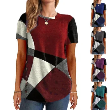 Женская Летняя Новая футболка Большого размера с короткими рукавами 2023, Модный Повседневный Топ с Круглым вырезом и пуговицами в стиле пэчворк