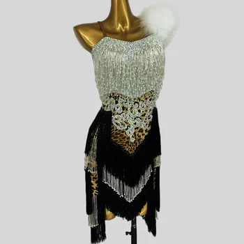 Платье для латиноамериканских танцев Высокого класса, изготовленный на заказ леопардовый ремень, пух с бриллиантовой кисточкой, Ча-Ча-Ча Танго Для взрослых, профессиональная одежда для сцены
