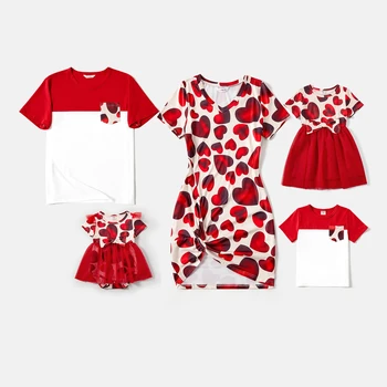 Комплекты Облегающих платьев PatPat на День Святого Валентина с принтом красного сердца и твист-узлом для всей семьи, комплекты футболок с коротким рукавом