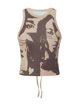 Karwuiio/ Женская майка Y2K с винтажным принтом для девочек, Облегающий Укороченный Топ с открытой спиной, Жилет, Летние Топы в стиле Гранж, Уличная Одежда