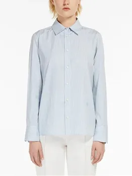 Женская рубашка в синюю полоску с длинным рукавом из 100% хлопка с вышивкой буквами, Весна-лето, универсальная женская однобортная блузка