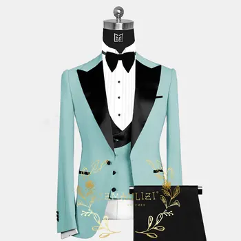 SZMANLIZI, Сшитый на заказ, Мятно-зеленый Мужской костюм с отворотом, Торжественный Свадебный Смокинг для выпускного вечера, костюм жениха из 3 предметов (куртка + брюки + жилет)