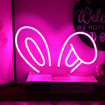 Неоновая вывеска с розовыми заячьими ушками, милые неоновые огни, светодиодная неоновая вывеска для декора стен, День Пасхи, Неоновая вывеска с USB-кроликом на Пасху