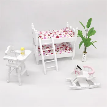 1: 12 Кукольный домик, мини-модель мебели, сцена для детской комнаты, деревянная двуспальная кровать, игрушечная раскладушка