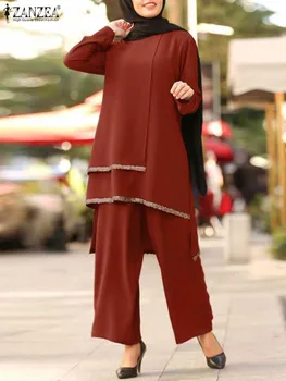ZANZEA Модные мусульманские комплекты с блестками, 2 шт., женская блузка с длинным рукавом, Брюки, однотонные Свободные костюмы, Дубай, Турция, спортивные костюмы 2023