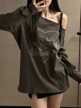 QWEEK Y2k Harajuku Grunge, Женская Винтажная футболка с буквенным принтом и открытыми плечами, Дизайнерские футболки, Корейские модные Топы с длинными рукавами 2023