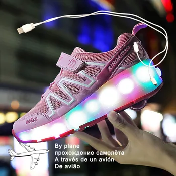 28-40 Черный Розовый USB зарядка мода для девочек мальчиков светодиодный световой ролик скейт обувь для детей Детские кроссовки с колесами в одну колеса