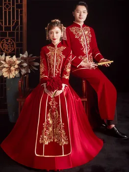 Элегантное Свадебное Платье Невесты С Вышивкой Чонсам Традиционный китайский Свадебный Костюм Для Пары китайская одежда
