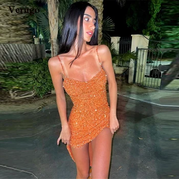 Verngo, Сексуальные Оранжевые Блестящие платья для выпускного вечера, Короткие спереди и длинные сзади, на бретельках-спагетти, Вечернее коктейльное платье 2021