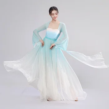 платье для классического танца с цветком розы, женская широкая юбка, элегантный китайский танец, газовая юбка, танец веером
