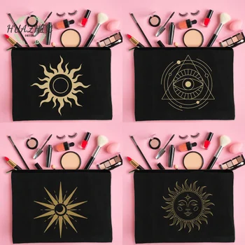 Косметичка Таро с изображением Мандалы Солнца и Луны для карандаша, Женская сумка, Черная портативная маленькая сумочка, Органайзер для губной помады, косметичка для макияжа