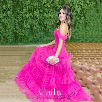 Cathy Fantasy Ярко-розовое Платье Трапециевидной формы с открытыми Плечами 2023, Многослойное Платье В пол, Vestidos De Noche