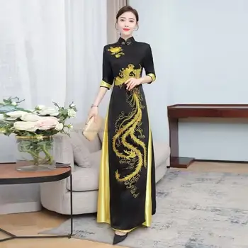 Aodai Вьетнамская одежда Чонсам Aodai Вьетнамское платье Традиционное платье с вышивкой Феникса Женское ретро платье Чонсам Aodai