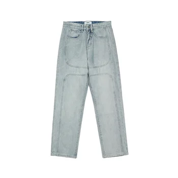 Высокие Уличные мужские джинсы с широкими выстиранными карманами, простроченные дугой, повседневные Свободные прямые брюки в стиле ретро, мешковатые джинсы для мужчин