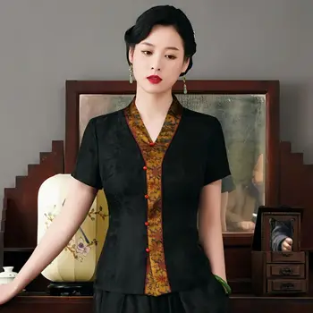 2023 новая китайская традиционная винтажная блузка, летний кардиган с v-образным вырезом и короткими рукавами, китайские ретро-костюмы для женщин