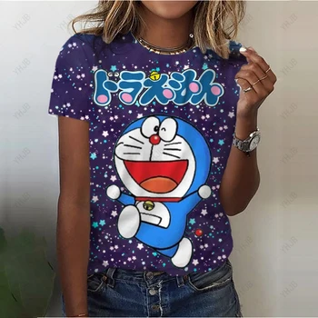 Футболка с принтом Doraemon, Женская футболка 2023, Летняя Новинка, Негабаритные Футболки с героями Мультфильмов, Повседневная Базовая Свободная Футболка, Шикарные Женские Топы с Круглым вырезом