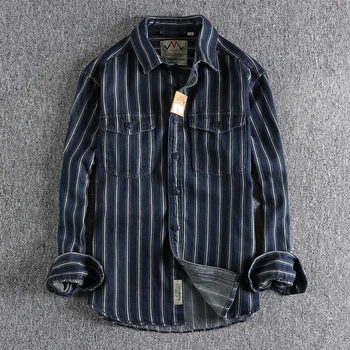 Осенне-зимняя новая джинсовая рубашка в полоску, окрашенная пряжей, мужская рубашка в стиле ретро с классической рубашкой
