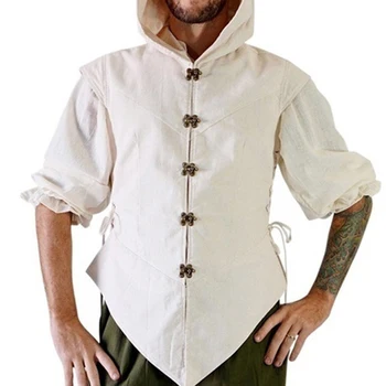Летний мужской европейский средневековый традиционный костюм Льняной однотонный приталенный топ с капюшоном и рукавом три четверти