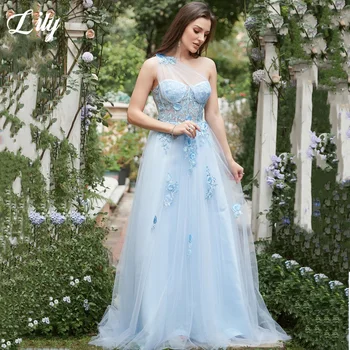 Вечернее платье Lily на одно плечо, Небесно-Голубое Элегантное платье для выпускного Вечера, Кружевное Свадебное вечернее платье на молнии сзади, вечерние халаты de soirée